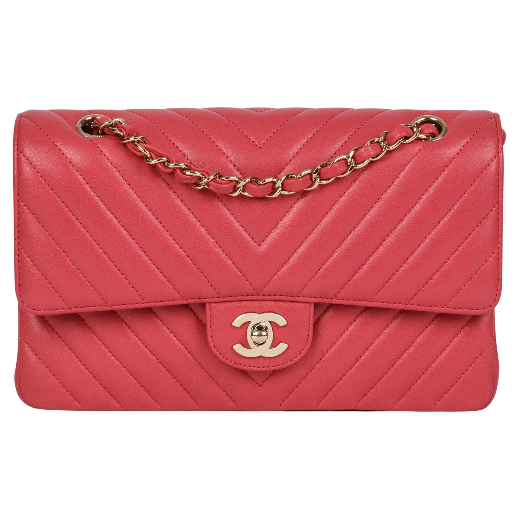 CHANEL Pink Chevron Quilted Lambskin Medium Classic Double Flap Bag 