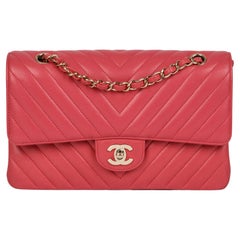 CHANEL Pink Chevron Quilted Lambskin Medium Classic Double Flap Bag 