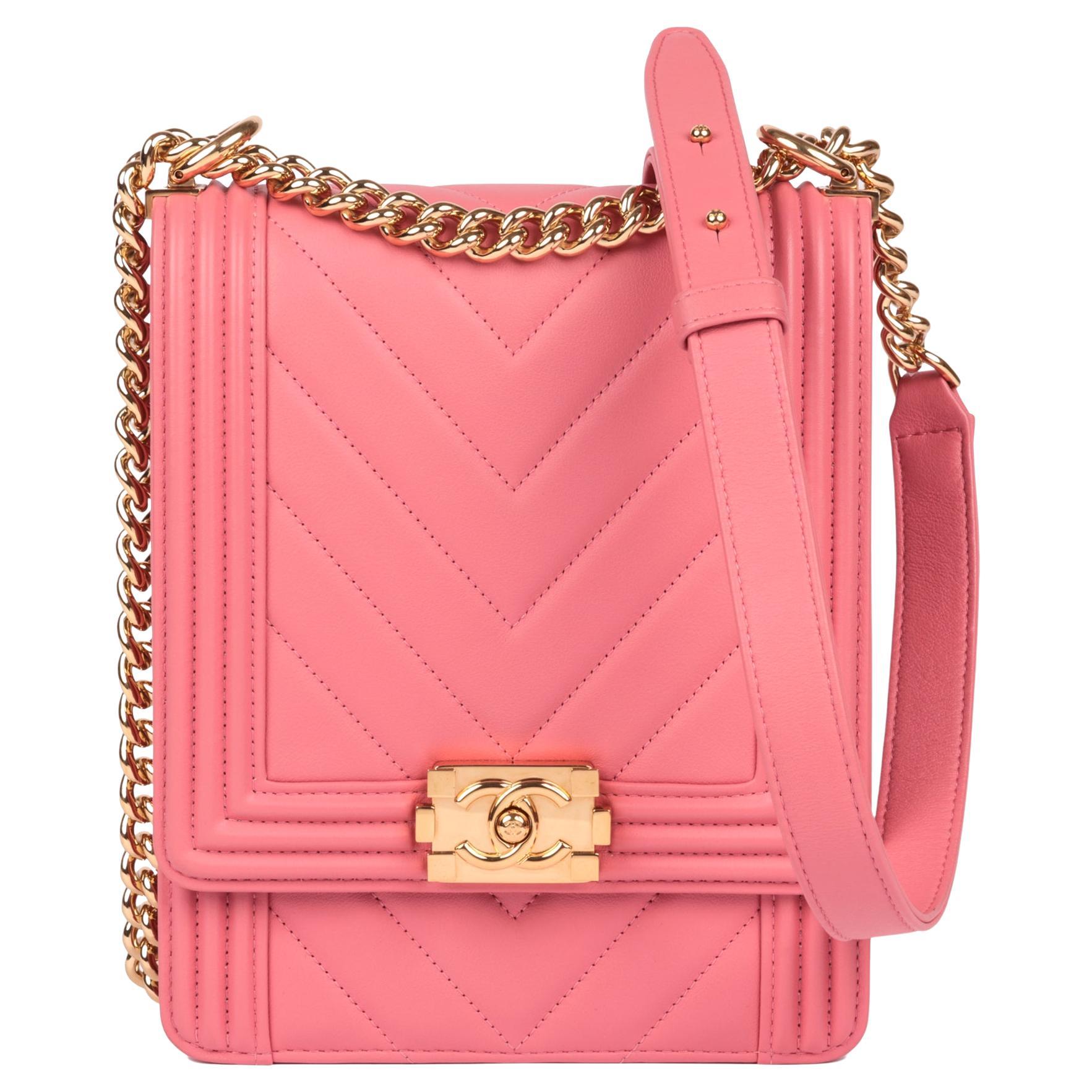 CHANEL Pink Chevron Quilted Lambskin North-South Le Boy For Sale