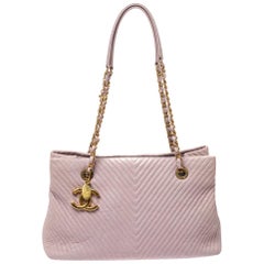 Chanel Pink Chevron Quilted Leather Medallion Charm Tote