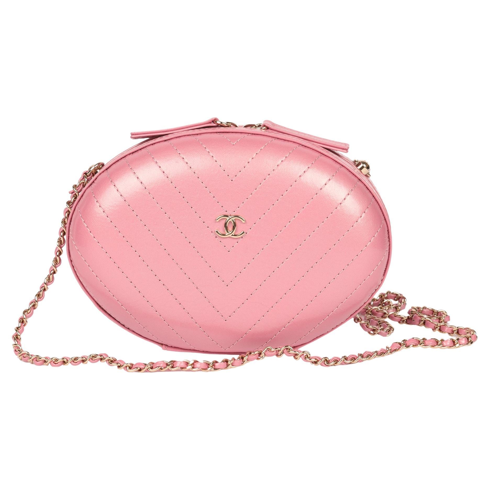 Chanel Pink Chevron Quilted Shiny Calfskin Leather La Pausa Classic Evening Bag For Sale