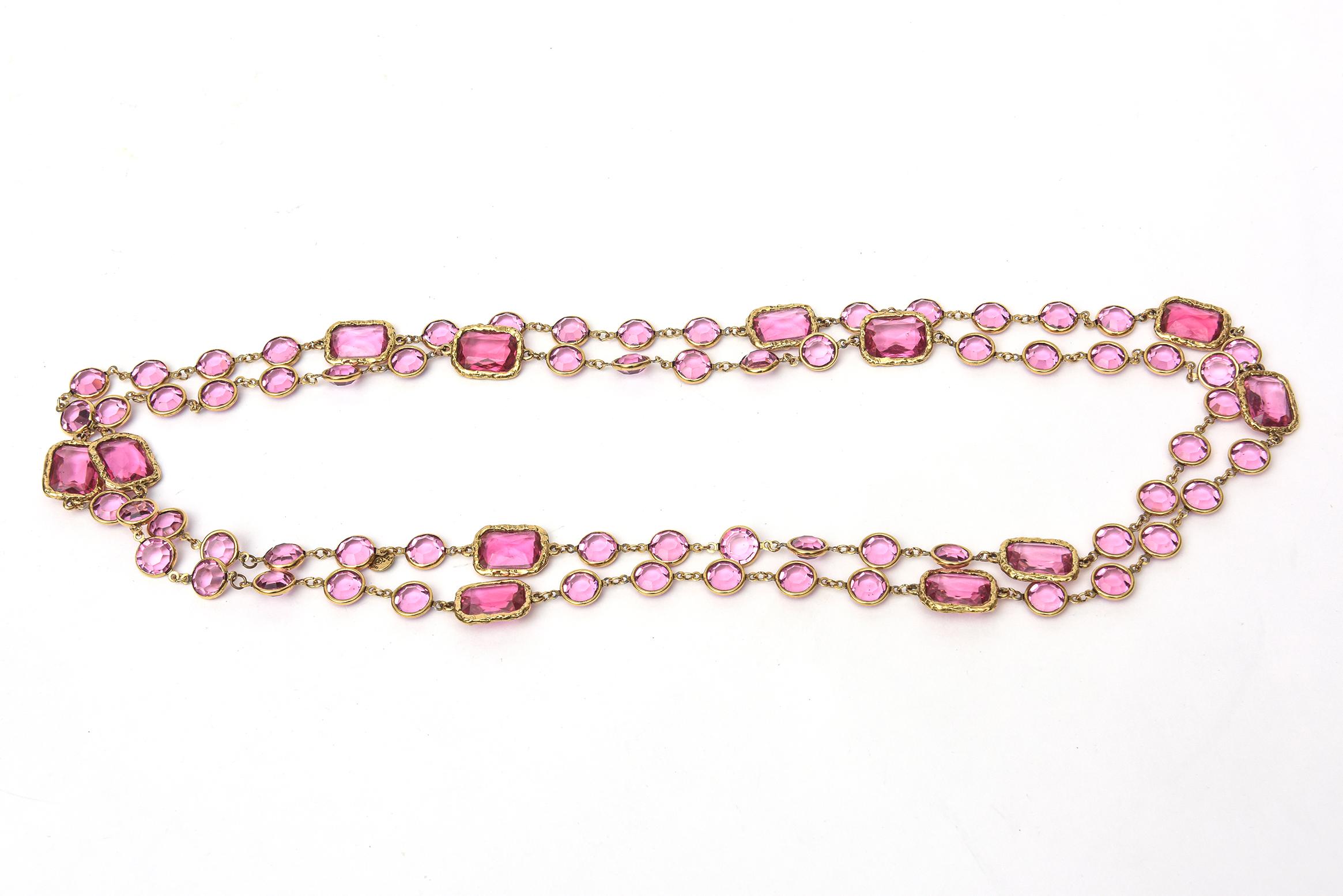 Just in time for spring and new beginnings is this offering of a great rare Chanel luscious pink chicklet sautoir necklace from 1981. This is totally authentic and a rare color and find now. It is hot! One can wrap this 2 or 3 times over on your