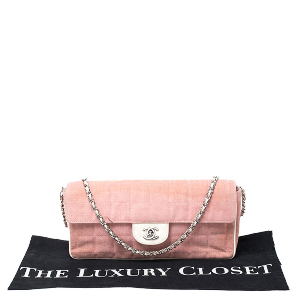 Chanel Pink Chocolate Bar Quilted Fabric East West Flap Bag 8