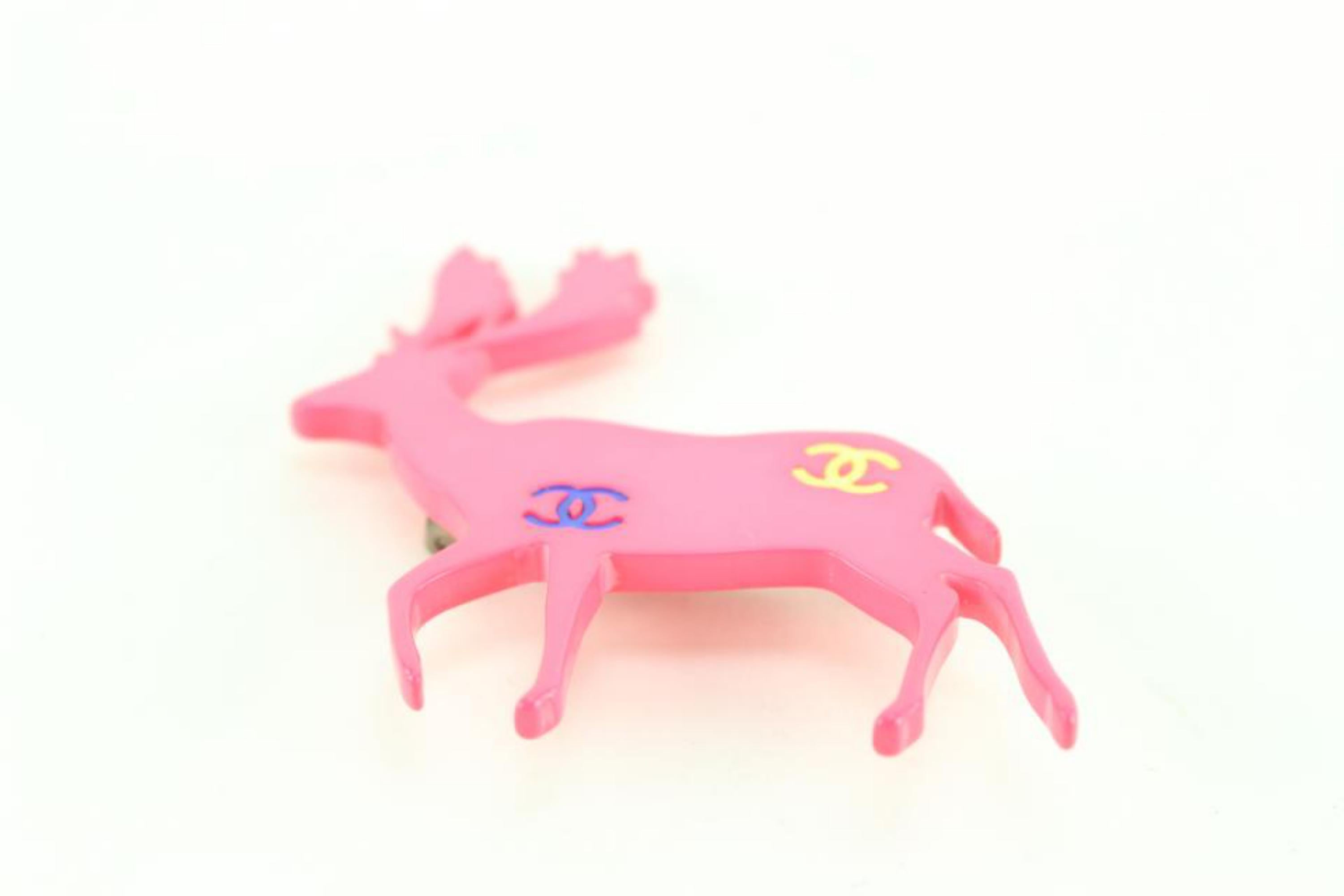 Chanel Pink Christmas Holiday CC Multicolor Reindeer Deer Brooch Pin 21cz76s For Sale 2