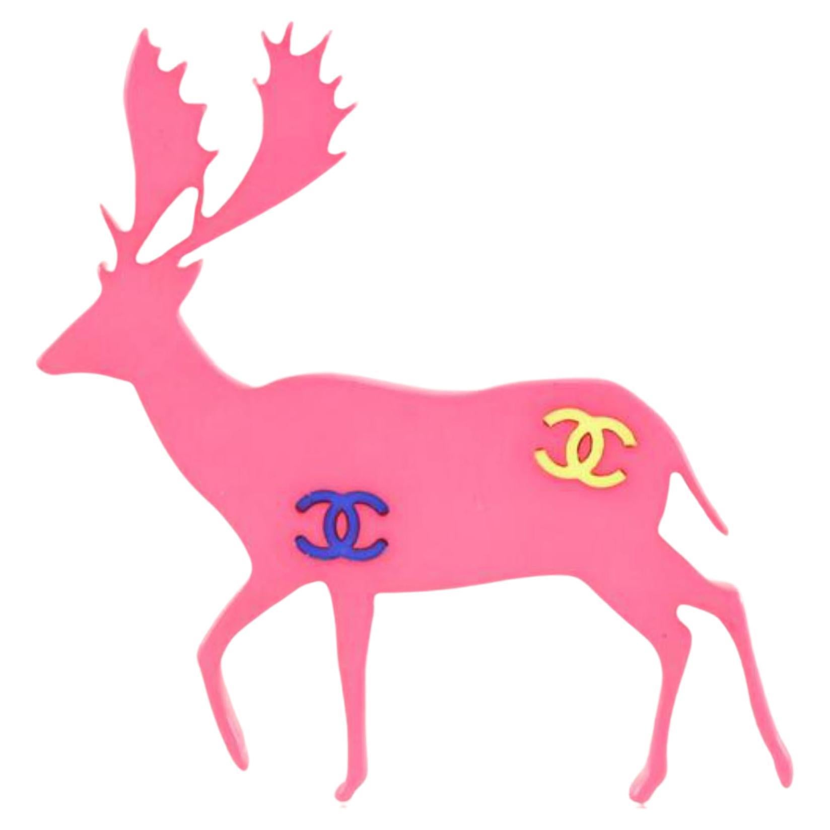 Chanel Pink Christmas Holiday CC Multicolor Reindeer Deer Brooch Pin 21cz76s For Sale
