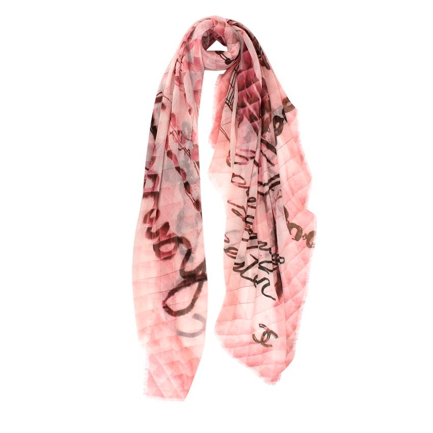 Chanel Pink Coco Camellia Print Cashmere Scarf In Excellent Condition For Sale In London, GB