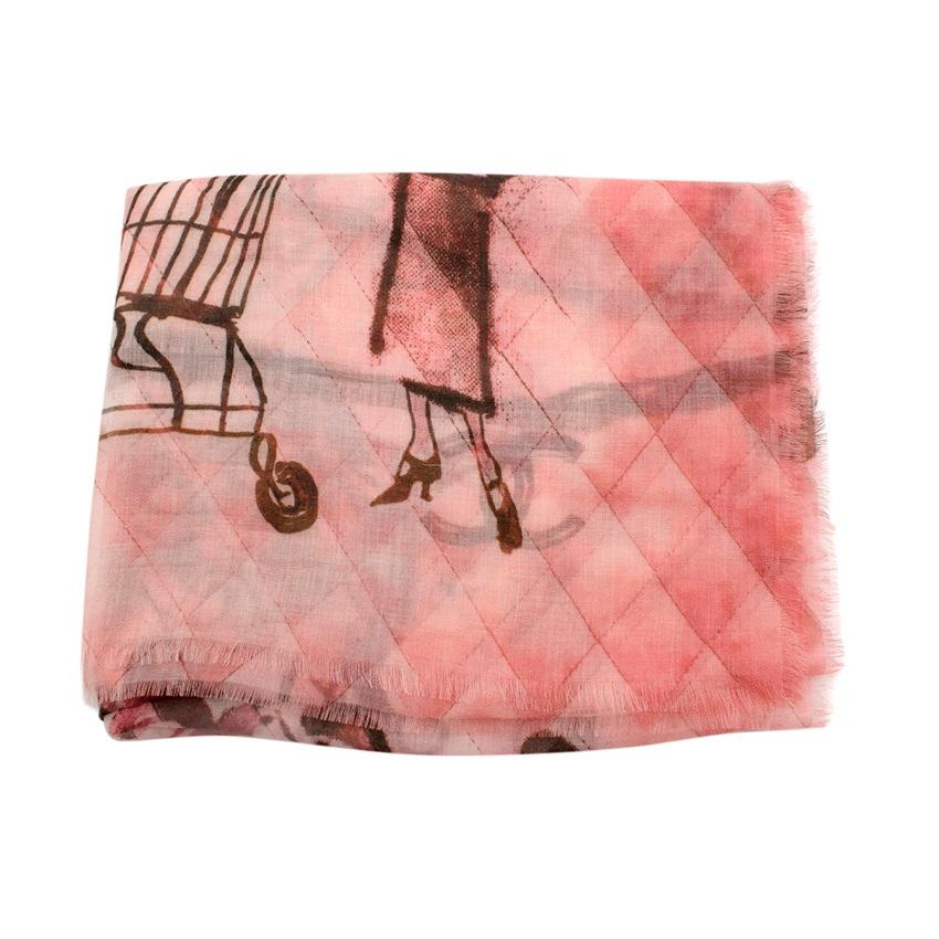 Chanel Pink Coco Camellia Print Cashmere Scarf For Sale 4