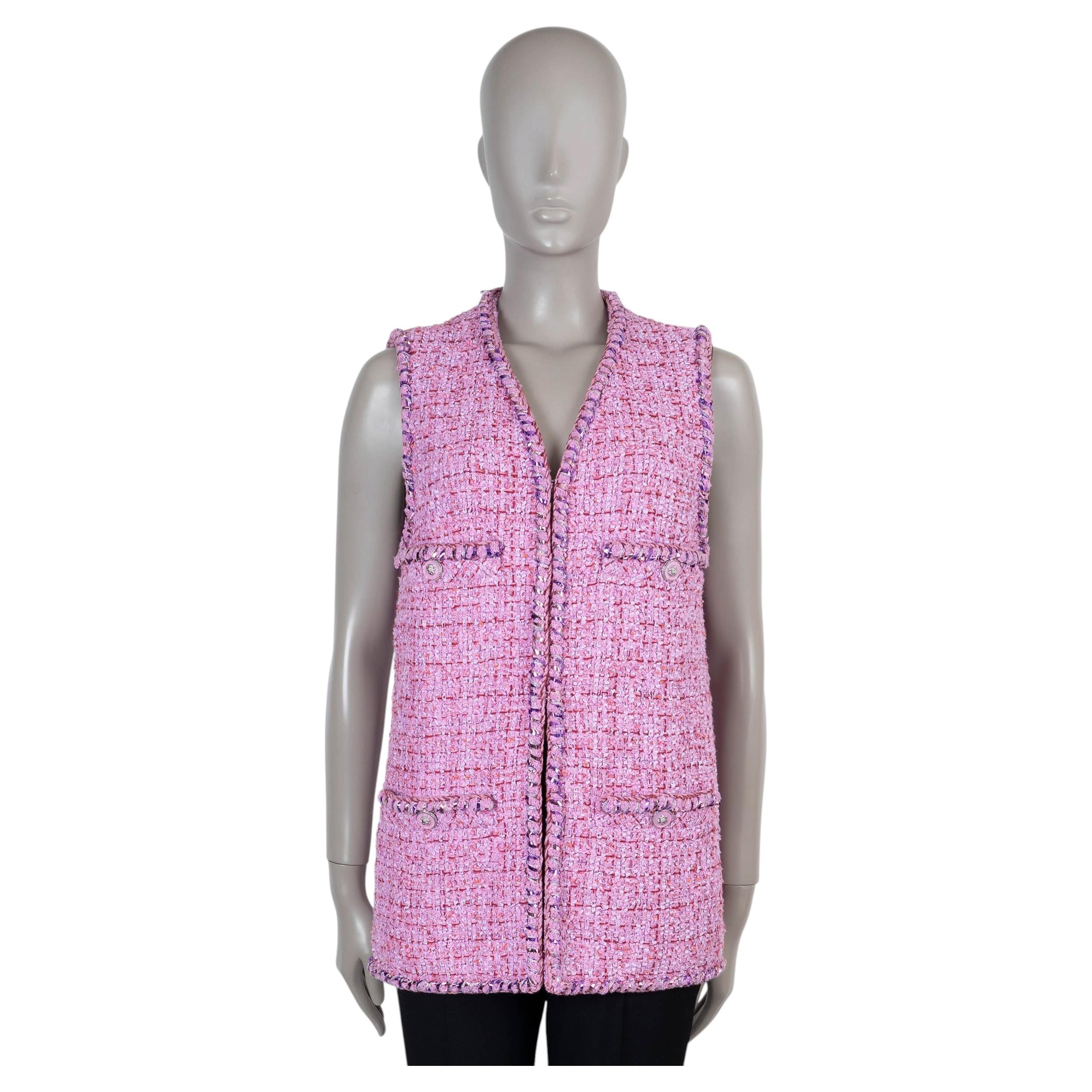 Giacca CHANEL in tweed rosa di cotone con bordatura in treccia metallica 22P, taglia 36 XS