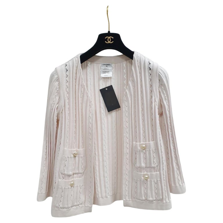 Chanel Pink Cradigan Pearl Logo Button Sweater For Sale at 1stDibs