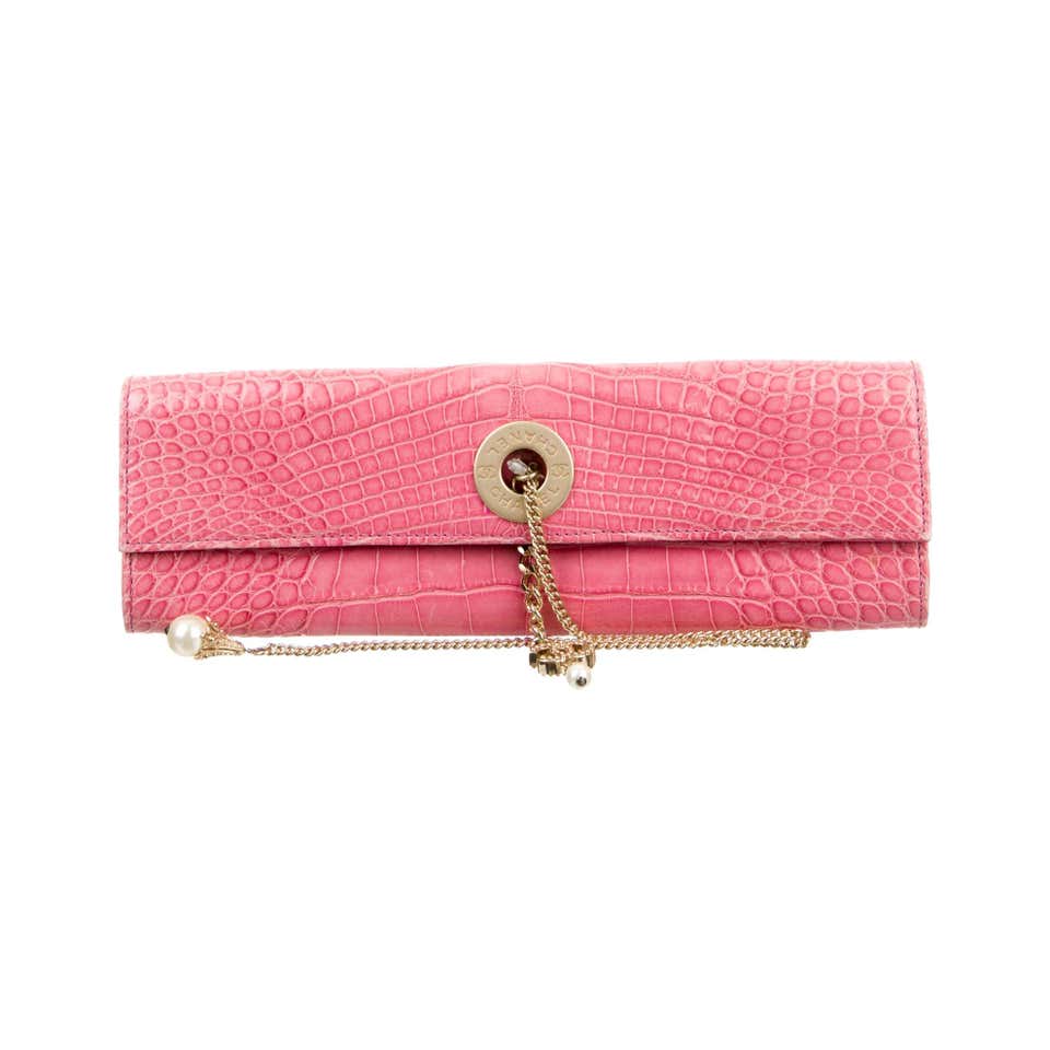 Chanel Pink Crocodile Exotic Leather Gold Chain Envelope Evening Clutch ...