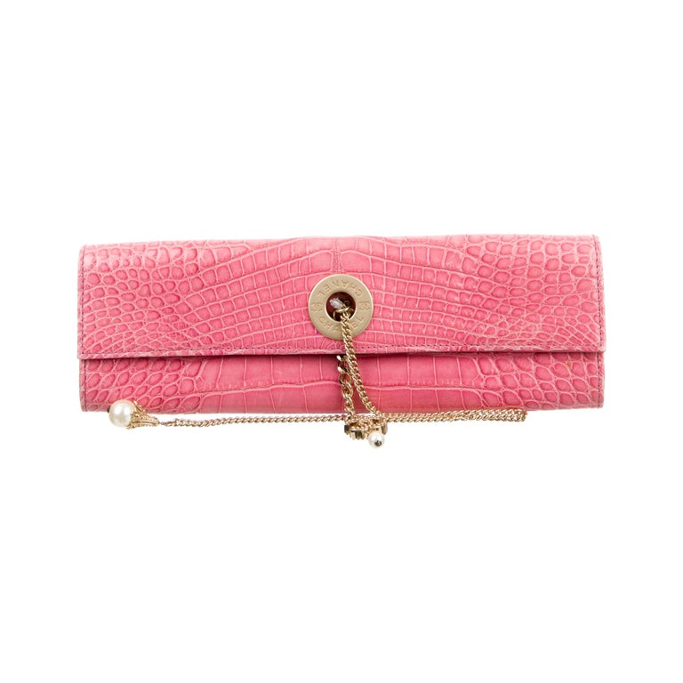 Chanel Pink Crocodile Exotic Leather Gold Chain Envelope Evening Clutch  Flap Bag