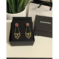 Chanel Pink Crystal and Faux Pearl Gold CC Heart Dangle Earrings