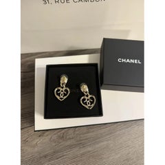 CHANEL Pink Crystal CC Heart Dangle Statement Earrings