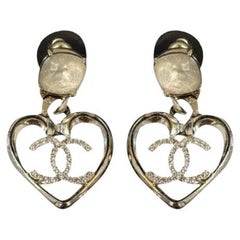CHANEL Pink Crystal CC Heart Dangle Statement Earrings
