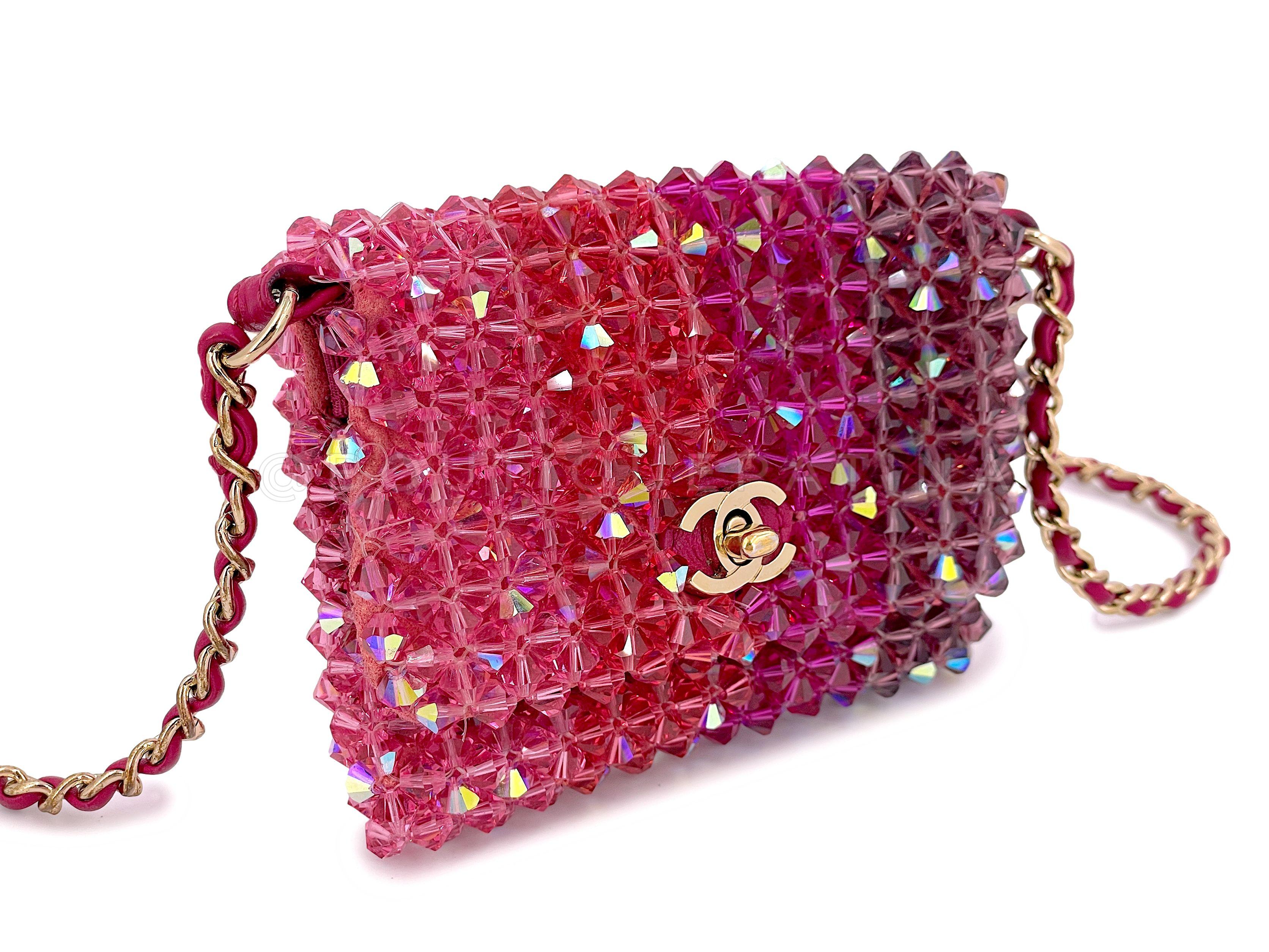 Chanel Pink Crystal Iridescent Rainbow Micro Mini Crossbody Flap Bag 67187 In Excellent Condition In Costa Mesa, CA