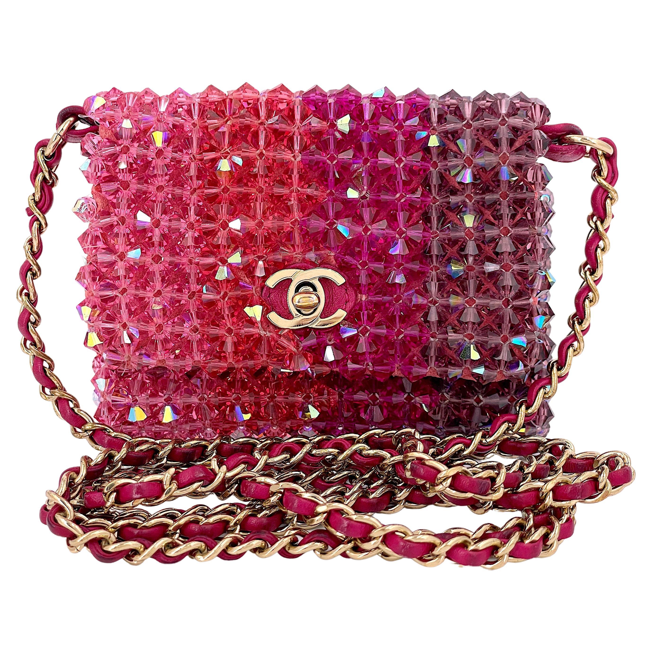 Chanel Pink Crystal Iridescent Rainbow Micro Mini Crossbody Flap Bag 67187