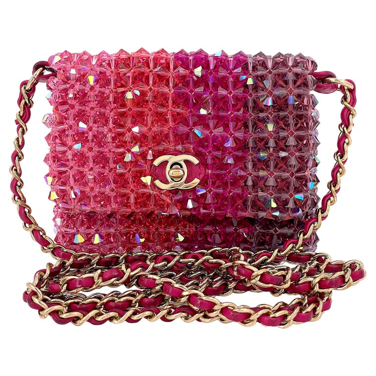 Chanel Pink Crystal Iridescent Rainbow Micro Mini Crossbody Flap Bag 67187  at 1stDibs
