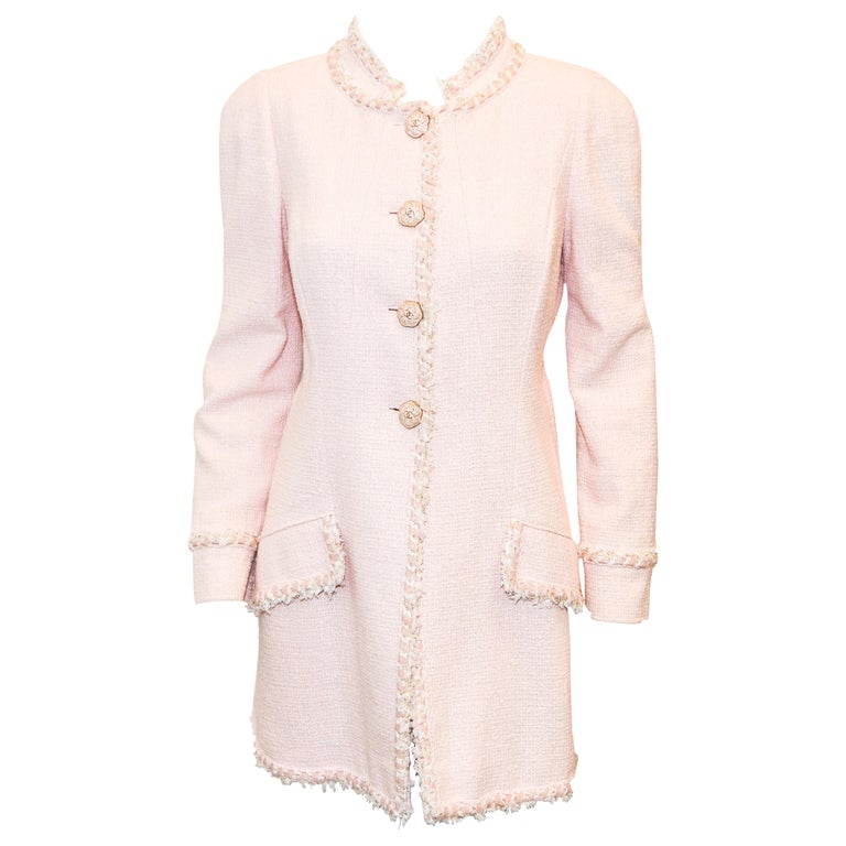 Chanel Pink Dress Coat With Enamel Camellia Buttons