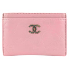 Vintage Chanel Pink Embossed Camellia Leather Card Case Wallet 200cas54