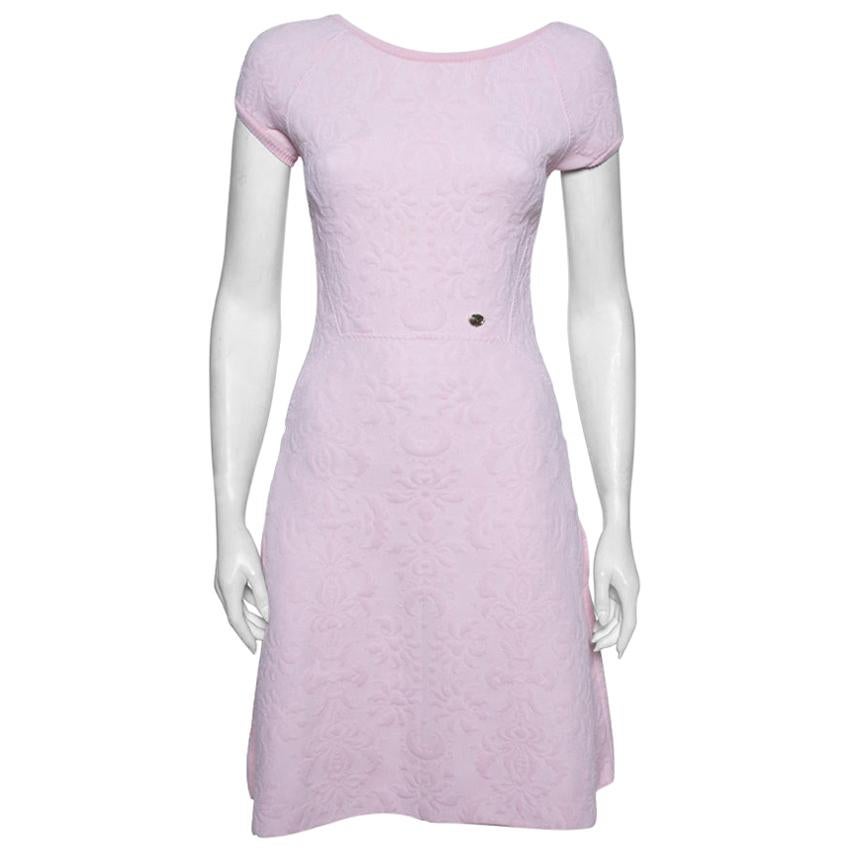 Chanel Pink Embossed Jacquard Knit Drop Waist Dress S