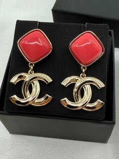 Chanel Pink Enamel Gold CC Dangle Statement Earrings