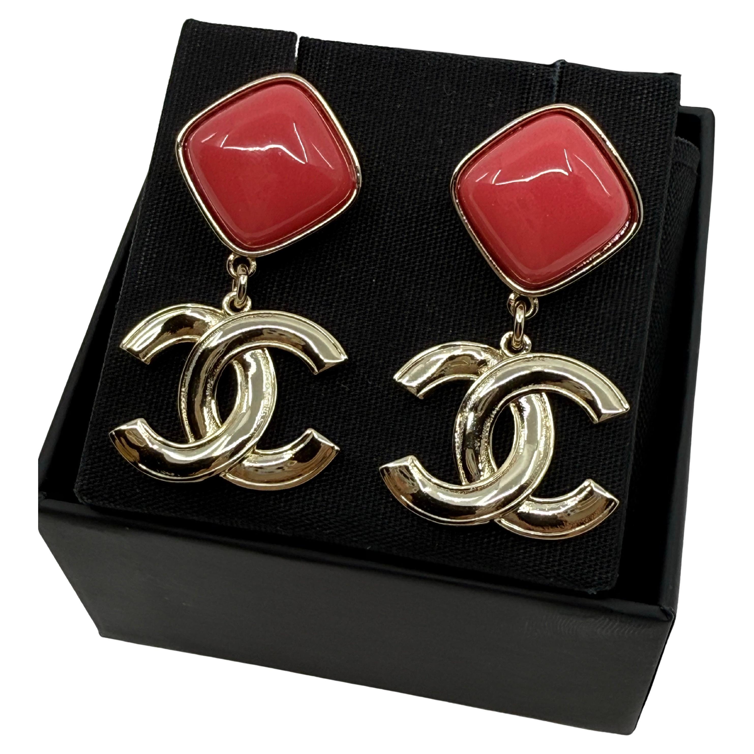 Chanel Pink Enamel Gold CC Dangle Statement Earrings