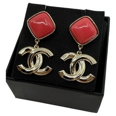 Chanel Pink Enamel Gold CC Dangle Statement Earrings
