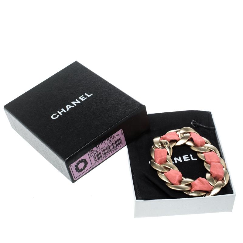 Chanel Pink Fabric Gold Tone Chain Link Bracelet 1