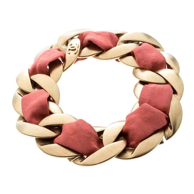 Chanel Pink Fabric Gold Tone Chain Link Bracelet at 1stDibs