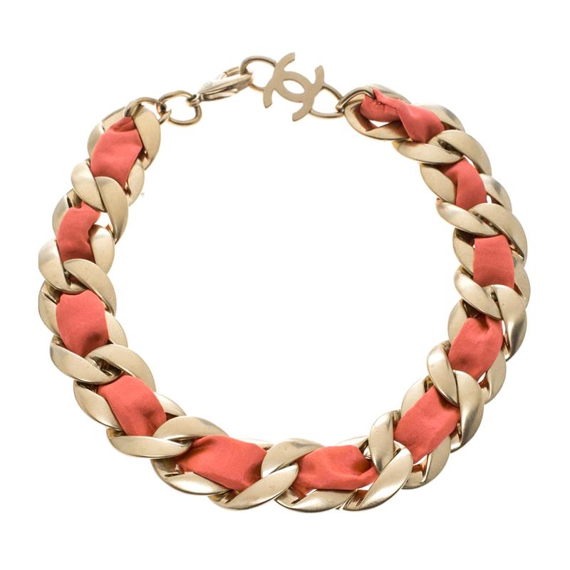 Chanel Pink Fabric Gold Tone Chain Link Choker Necklace