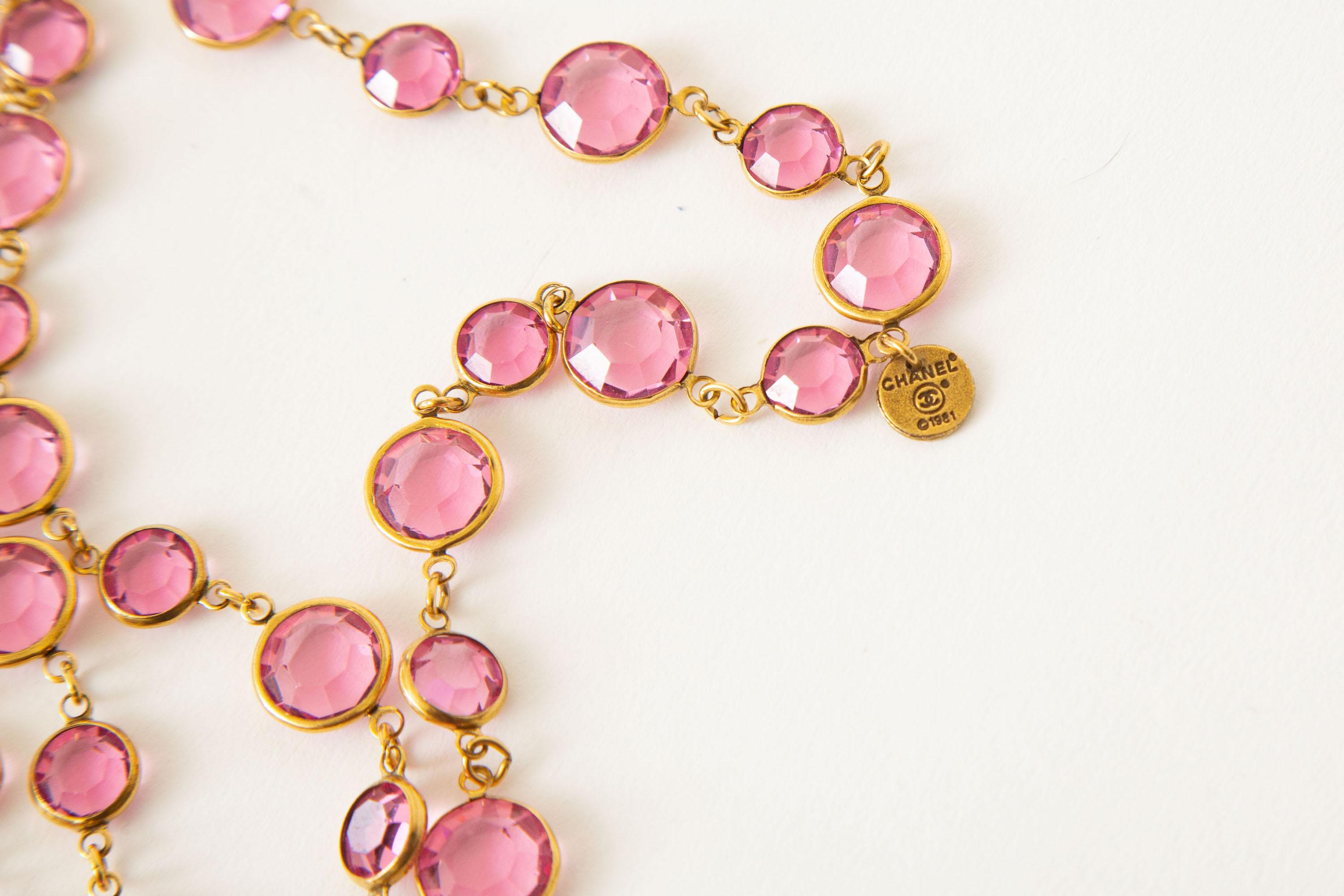 French Cut Chanel Pink Faceted Crystal Sautoir Necklace Vintage