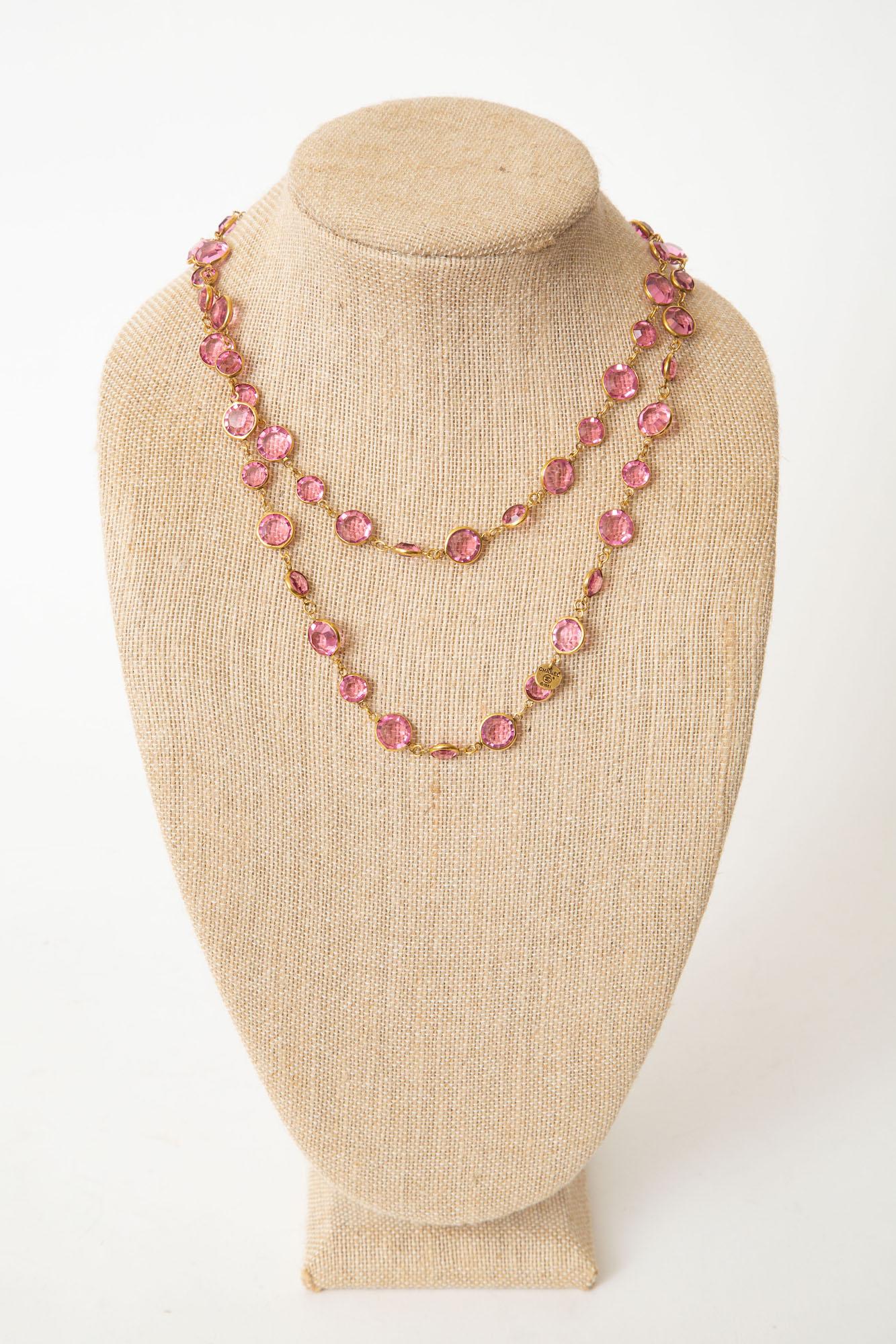 Chanel Pink Faceted Crystal Sautoir Necklace Vintage In Good Condition In North Miami, FL