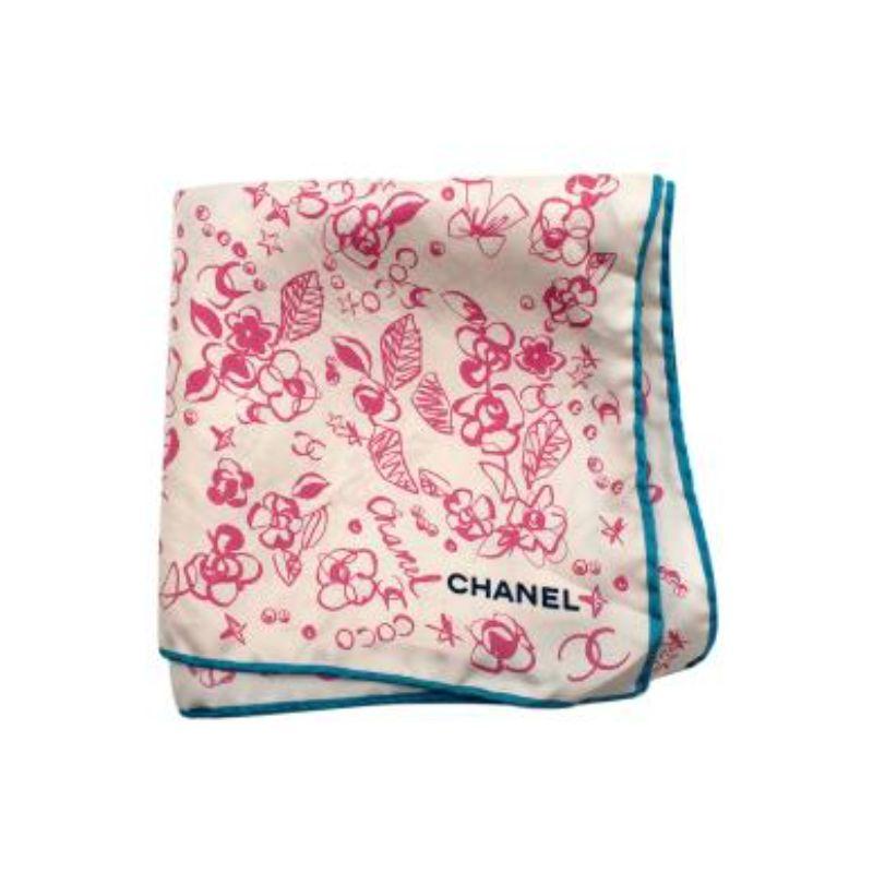 Chanel Pink Floral Brush Print Silk Scarf In Excellent Condition For Sale In London, GB