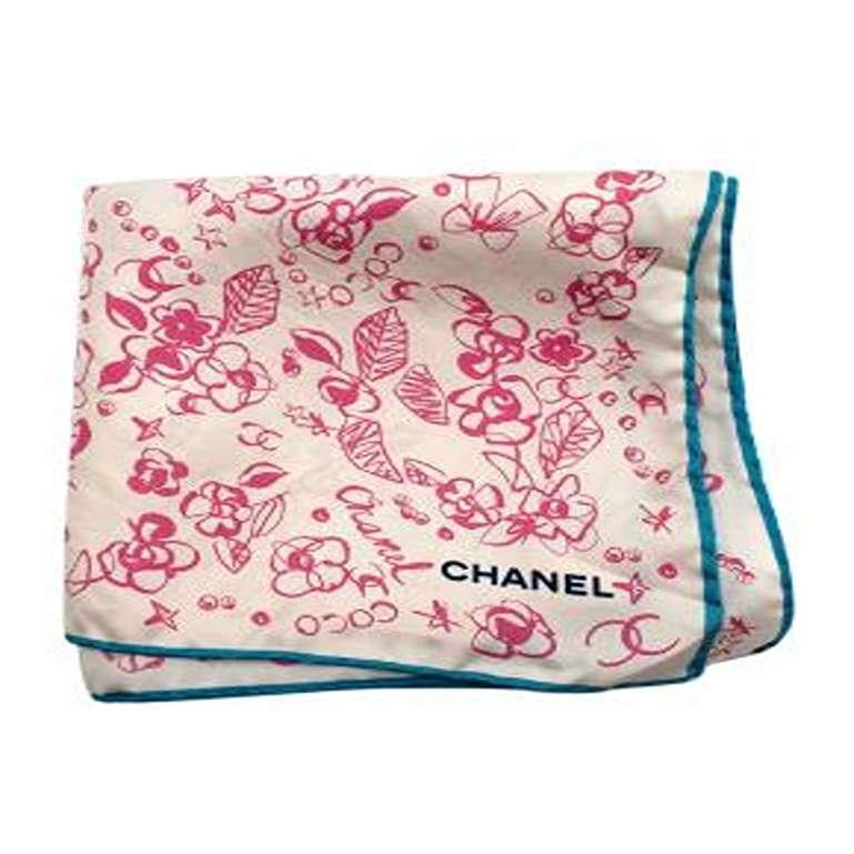 Chanel Pink Floral Brush Print Silk Scarf In Excellent Condition For Sale In London, GB
