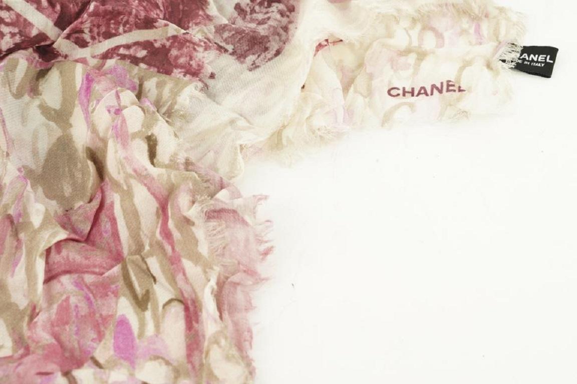 Chanel Pink Floral CC Logo Shawl Scarf Wrap 749ccs325 In Good Condition In Dix hills, NY