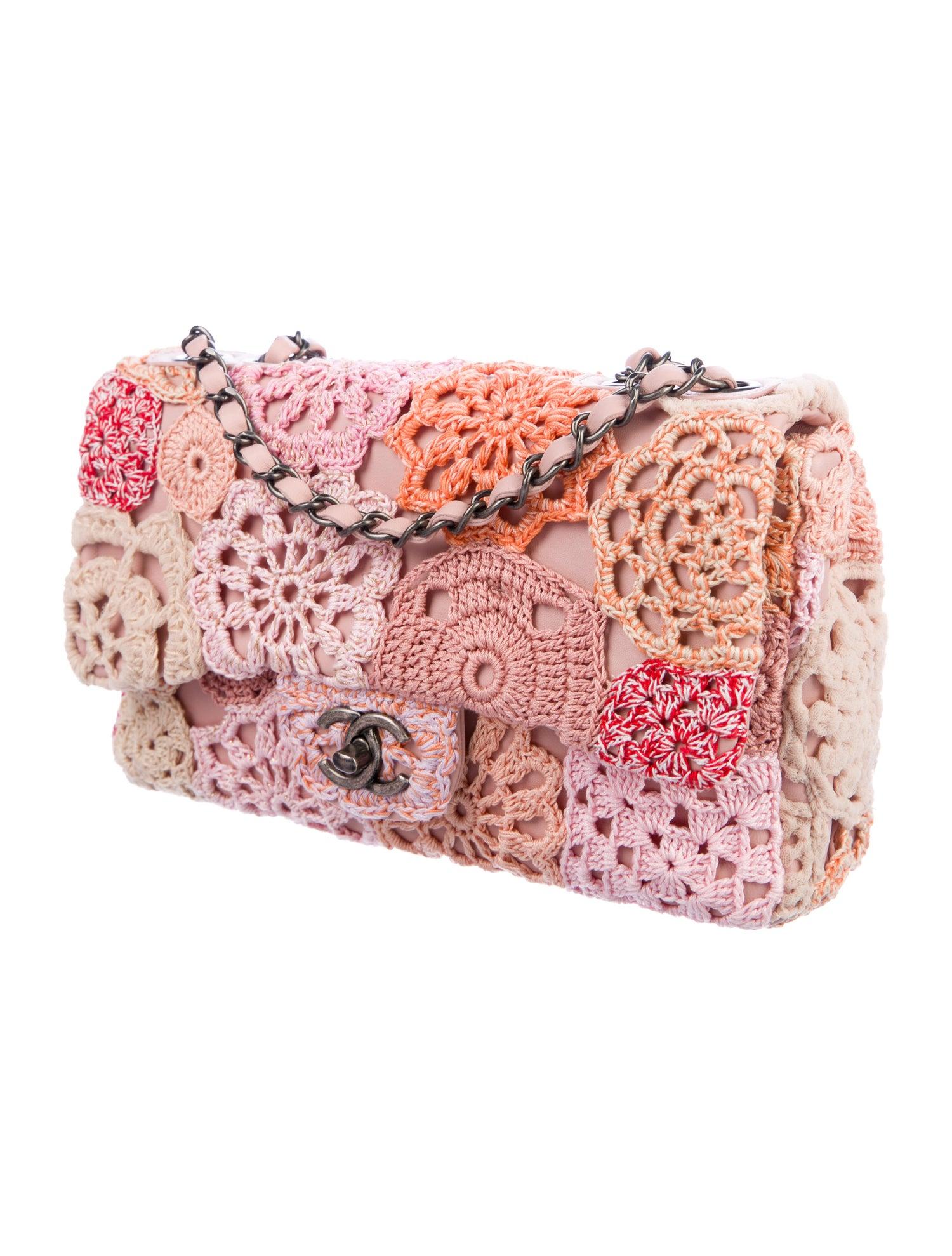 Beige Chanel Pink Flower Multi Color Crochet Leather Medium Evening Shoulder Flap Bag