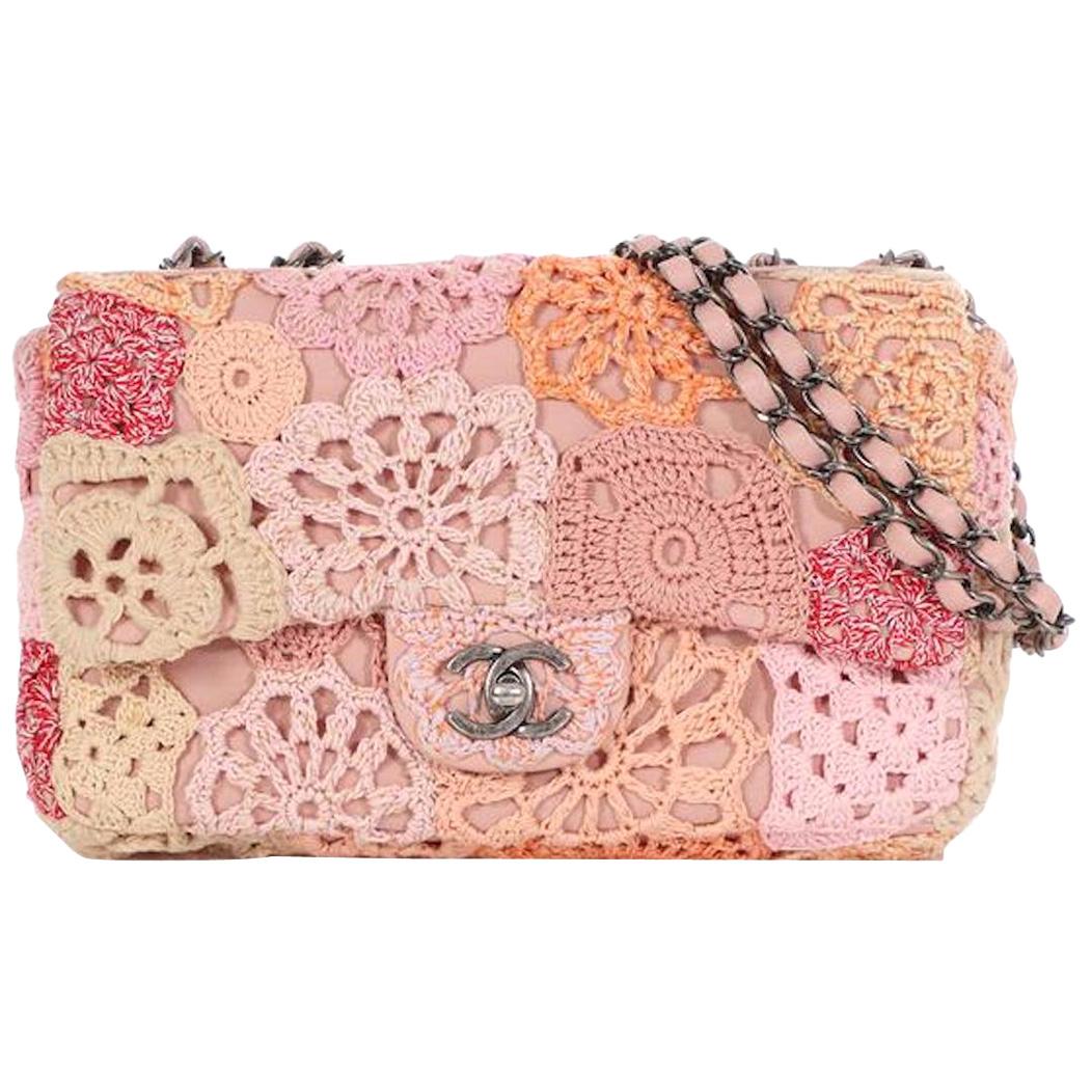 Chanel Pink Flower Multi Color Crochet Leather Medium Evening