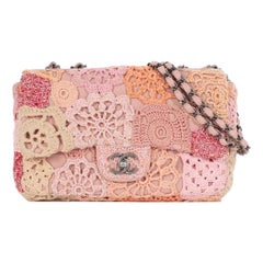 Chanel Pink Flower Multi Color Crochet Leather Medium Evening Shoulder Flap Bag