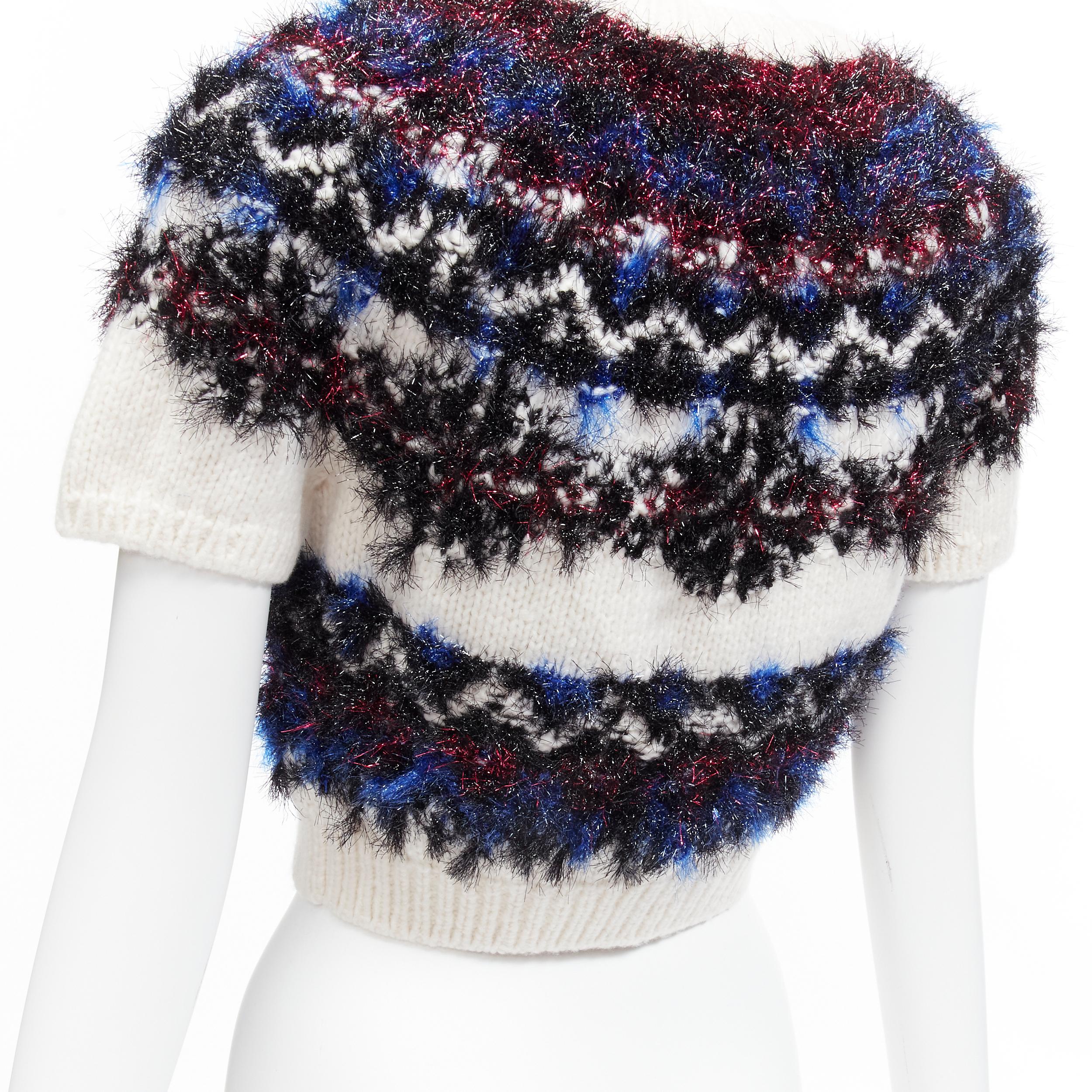 CHANEL pink  fluffy lurex cream intarsia crystal CC logo cropped sweater FR34 4