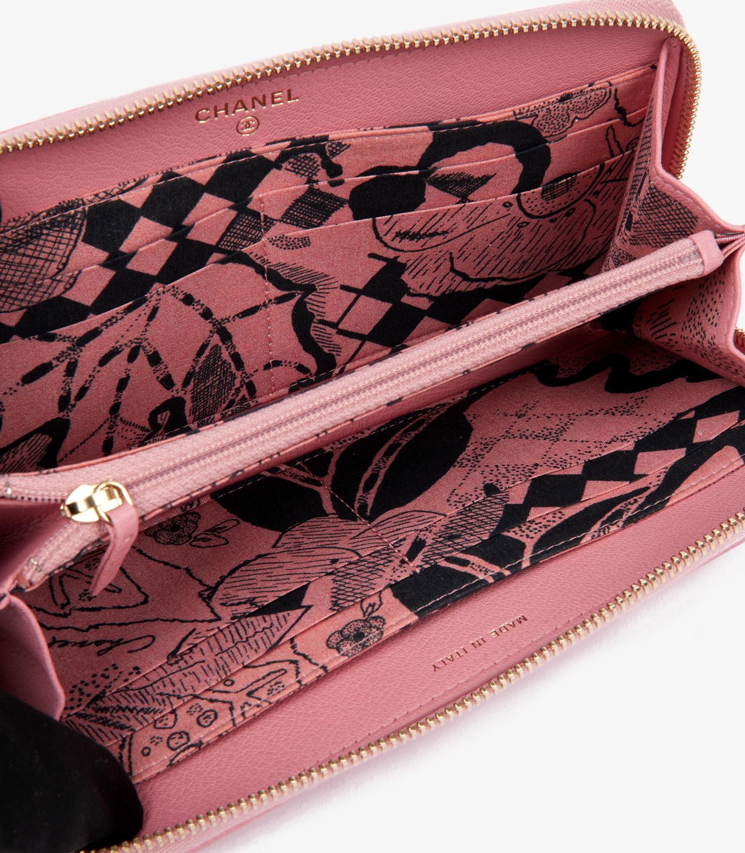 Chanel Pink Goatskin Leather Clover Zip Wallet For Sale 1