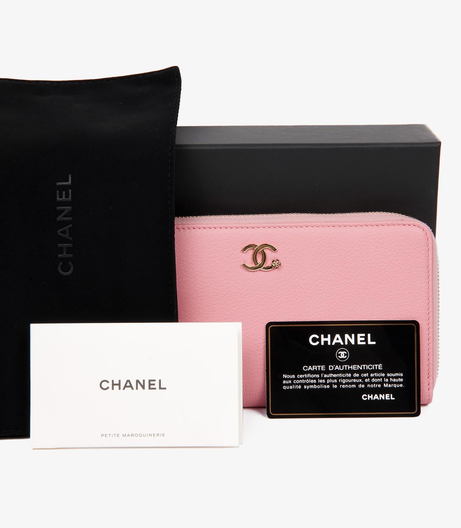 Chanel Pink Goatskin Leather Clover Zip Wallet For Sale 2