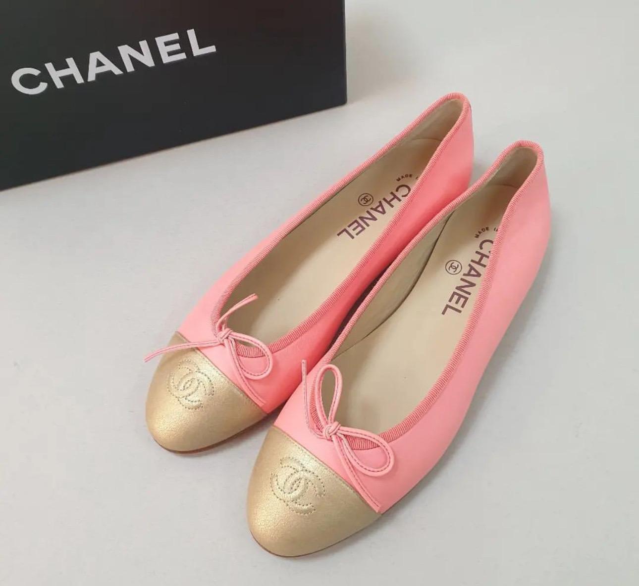 Women's Chanel Pink Gold Leather Cap Toe Ballet Flats