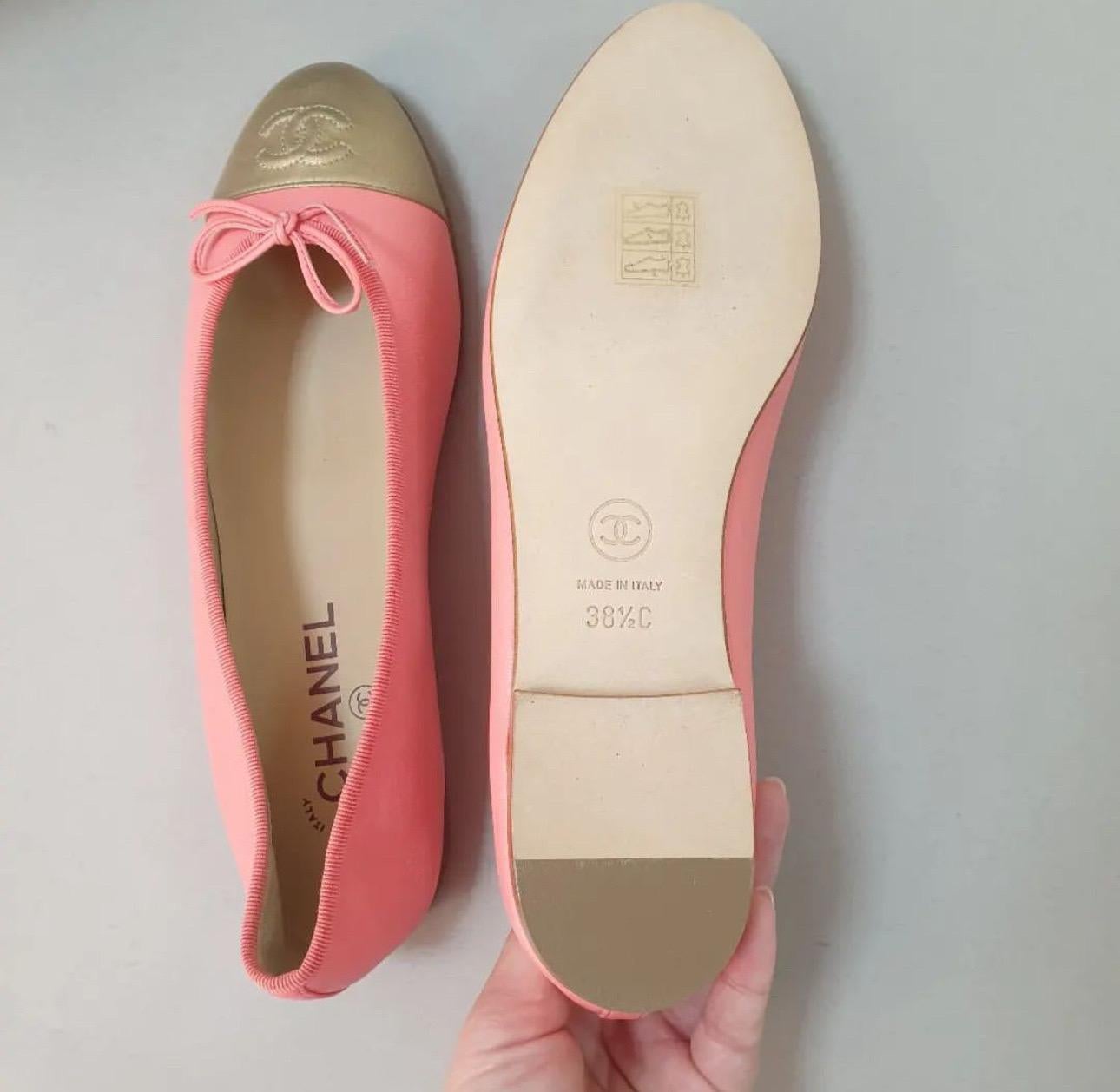 Chanel Pink Gold Leather Cap Toe Ballet Flats 1