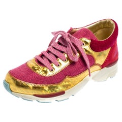 Chanel Pink/Gold Tweed and Leather CC Sneakers Size 36