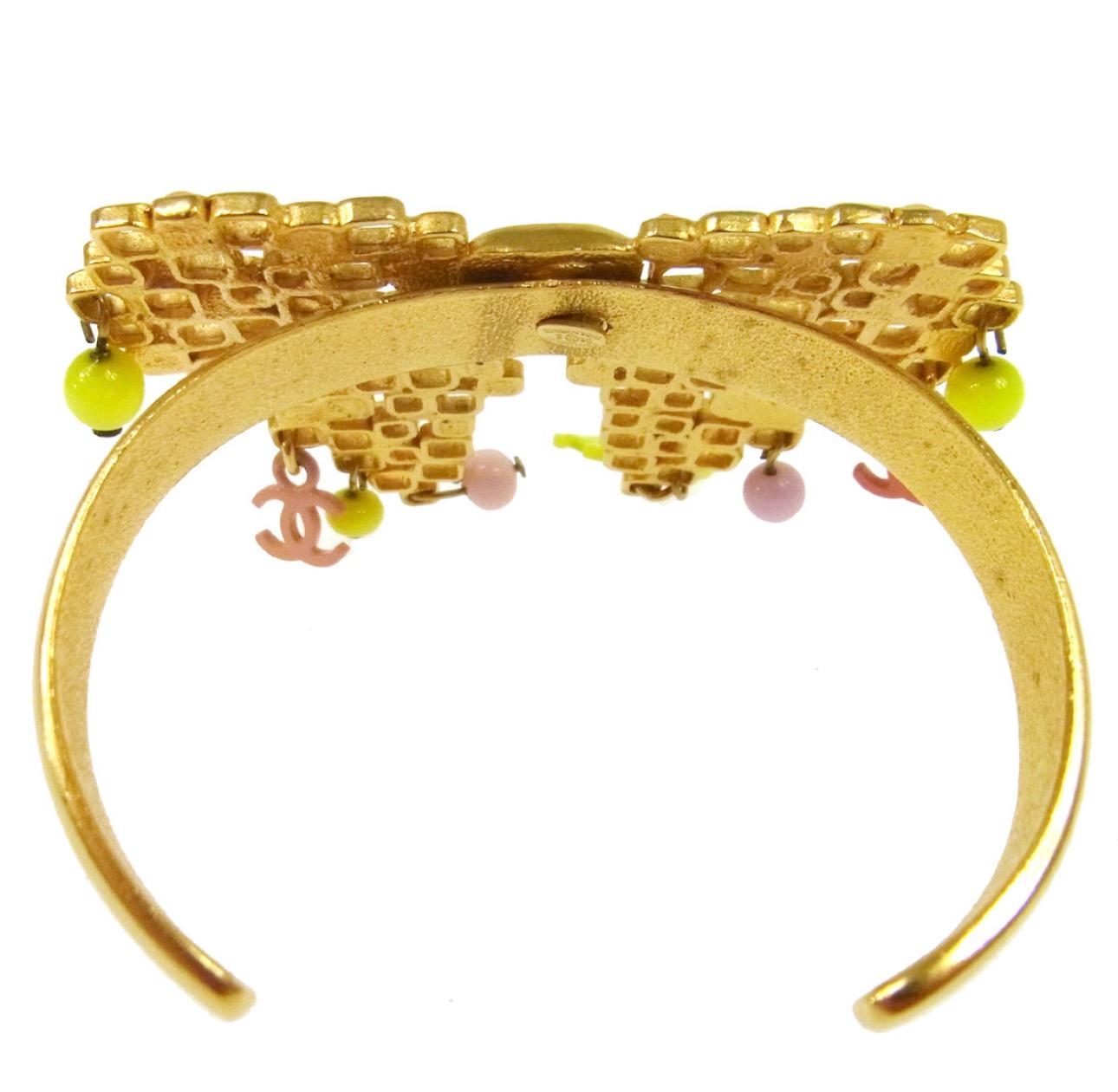 Chanel Pink Green Gold Metal Charm Evening Cuff Bracelet In Good Condition In Chicago, IL