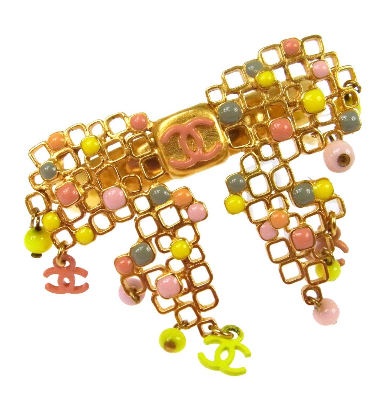 Women's Chanel Pink Green Gold Metal Charm Evening Cuff Bracelet