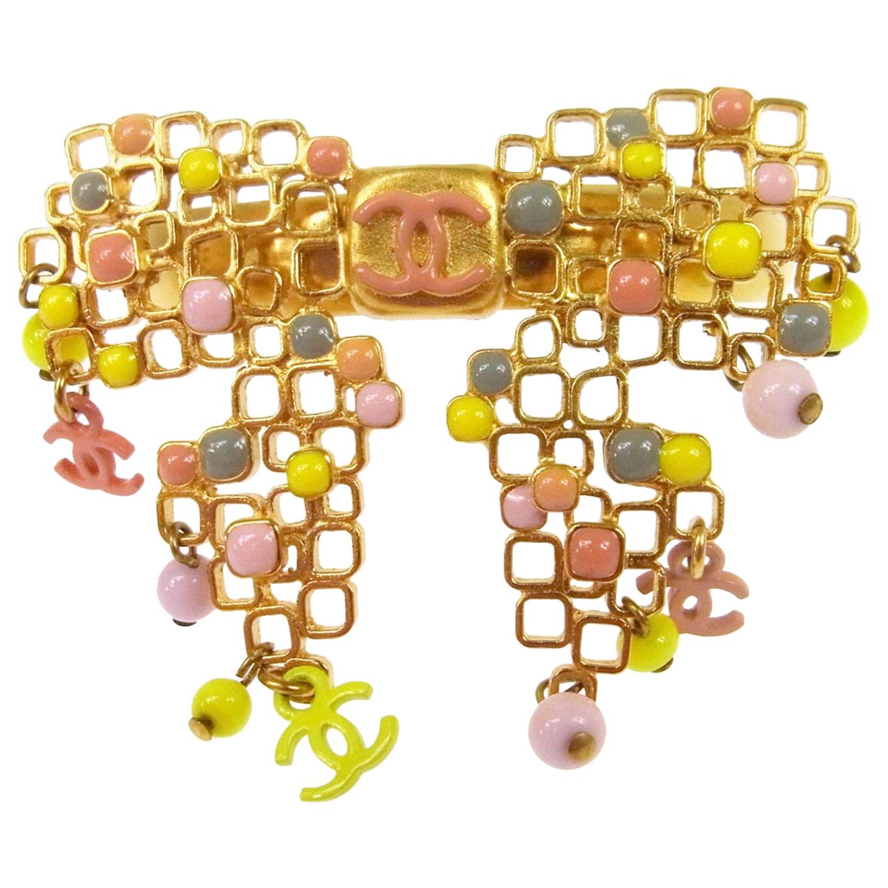 Chanel Pink Green Gold Metal Charm Evening Cuff Bracelet