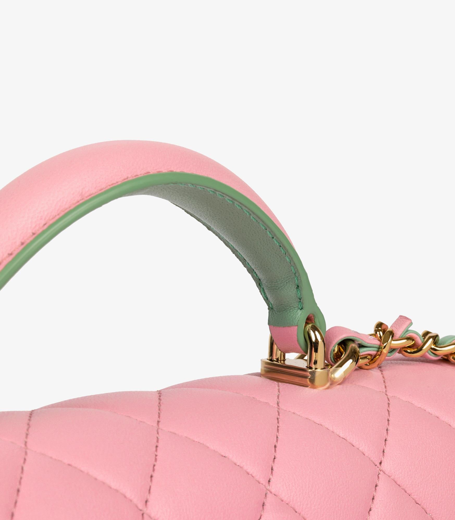 Chanel Pink & Green Quilted Lambskin Rectangular Mini Flap Bag with Top Handle in vendita 5