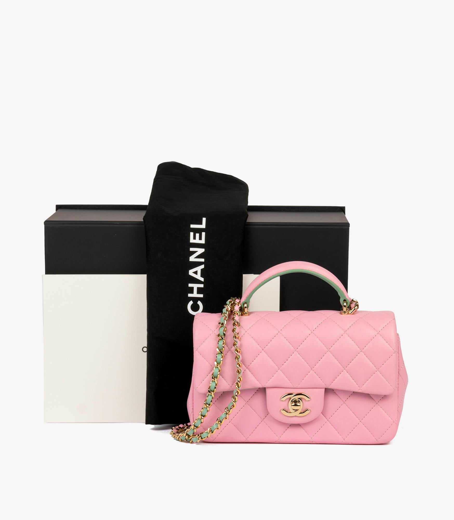 Chanel Pink & Green Quilted Lambskin Rectangular Mini Flap Bag with Top Handle in vendita 9