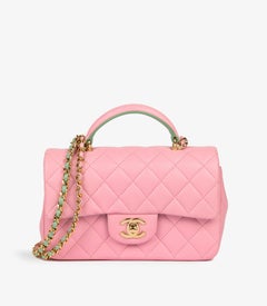 Chanel Pink & Green Quilted Lambskin Rectangular Mini Flap Bag with Top Handle